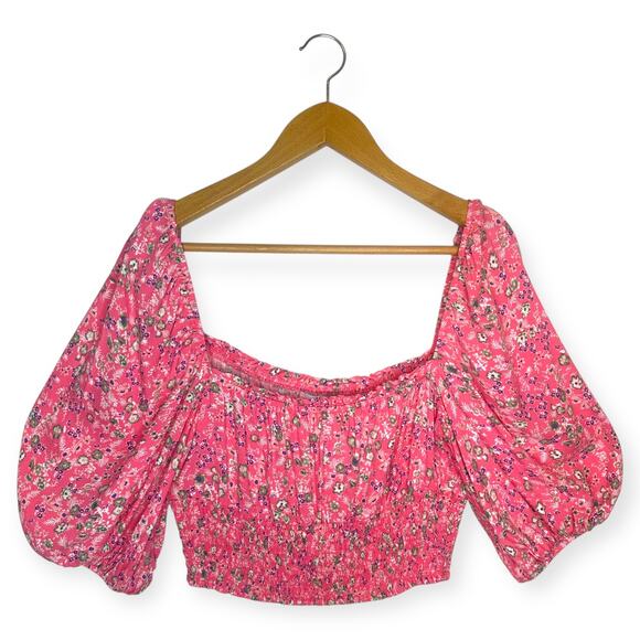 AFRM Floral Puff Sleeve Smocked Crop Top Size L Waverly Pink Square Neck - Picture 1 of 5